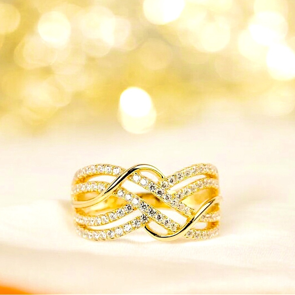 Intertwined Luxuries Design w/Shiny Paved Zirconia and 18k Gold Plated Ring.